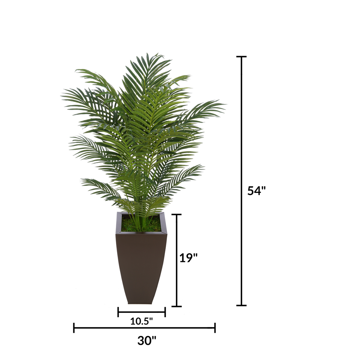 Faux 4.5 ft areca palm in matte brown tapered square zinc against a white background, featuring measurements, by House of Silk Flowers.