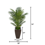Faux 4.5 ft areca palm in matte brown tapered square zinc against a white background, featuring measurements, by House of Silk Flowers.