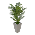 Faux 4.5 ft areca palm in glossy silver tapered square zinc against a white background, by House of Silk Flowers.