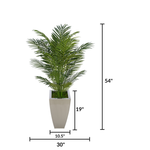 Faux 4.5 ft areca palm in glossy silver tapered square zinc against a white background, featuring measurements, by House of Silk Flowers.