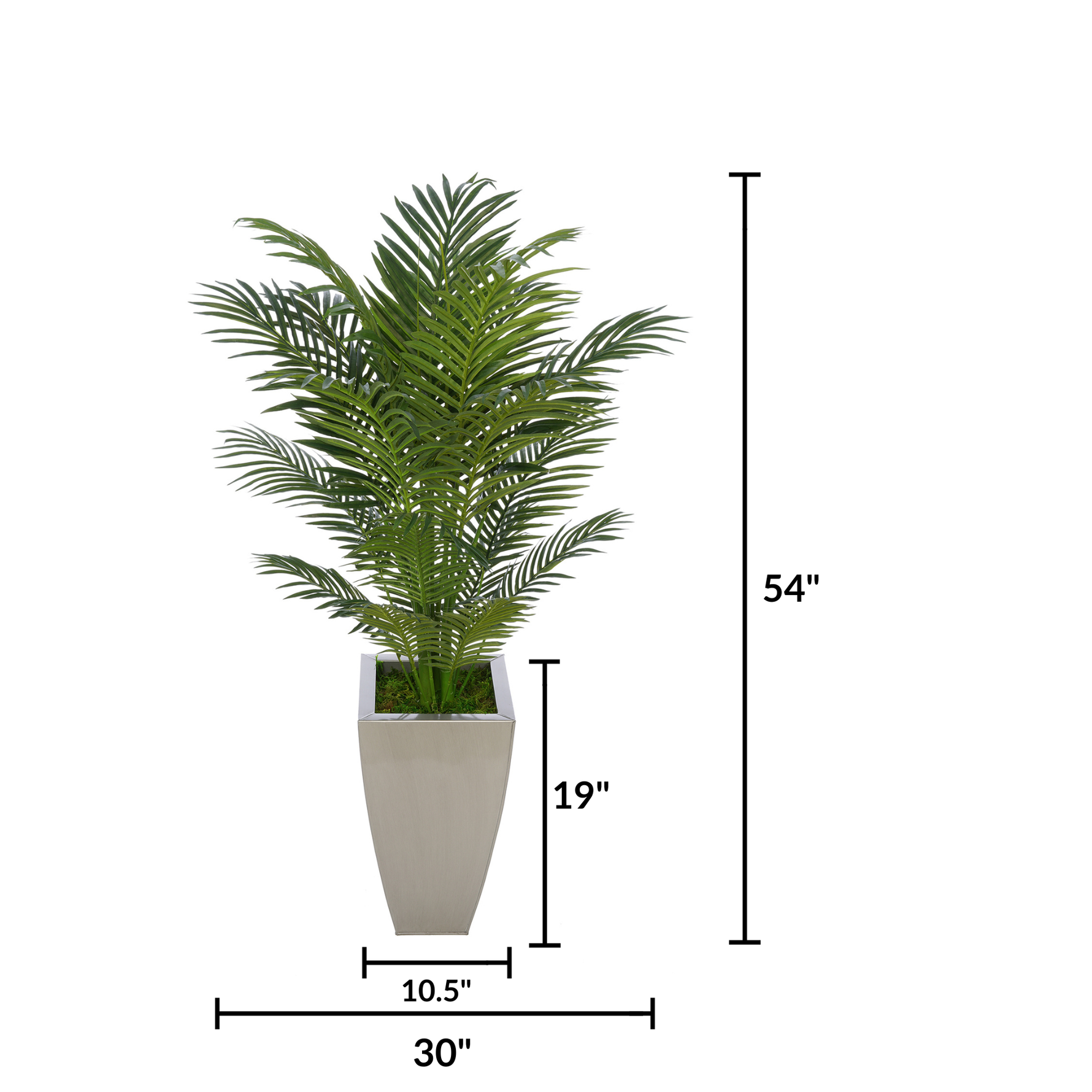 Faux 4.5 ft areca palm in glossy silver tapered square zinc against a white background, featuring measurements, by House of Silk Flowers.