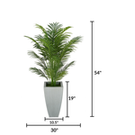 Faux 4.5 ft areca palm in farmhouse silver tapered square zinc against a white background, featuring measurements, by House of Silk Flowers.