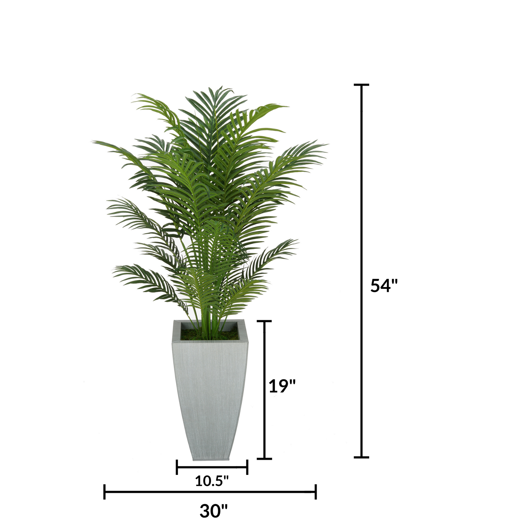 Faux 4.5 ft areca palm in farmhouse silver tapered square zinc against a white background, featuring measurements, by House of Silk Flowers.