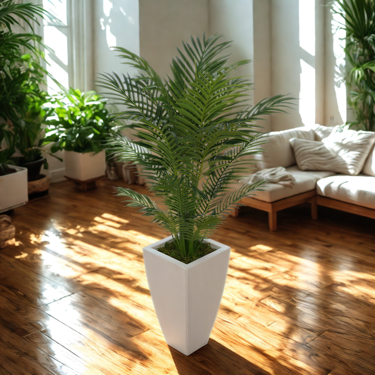 Faux 4.5 ft areca palm in tapered square zinc on a living room floor, by House of Silk Flowers.
