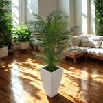 Faux 4.5 ft areca palm in tapered square zinc on a living room floor, by House of Silk Flowers.
