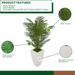 Faux 4.5 ft areca palm in tapered square zinc against a white background, highlighting product features, by House of Silk Flowers.