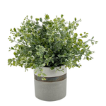 Faux eucalyptus in bronze-banded grey ceramic pot against a white background, by House of Silk Flowers.
