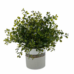 Faux green eucalyptus in bronze-banded grey ceramic pot against a white background, by House of Silk Flowers.