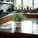 Faux eucalyptus in bronze-banded grey ceramic pot on a kitchen counter, by House of Silk Flowers.