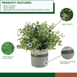 Faux eucalyptus in bronze-banded grey ceramic pot against a white background, highlighting product features, by House of Silk Flowers.