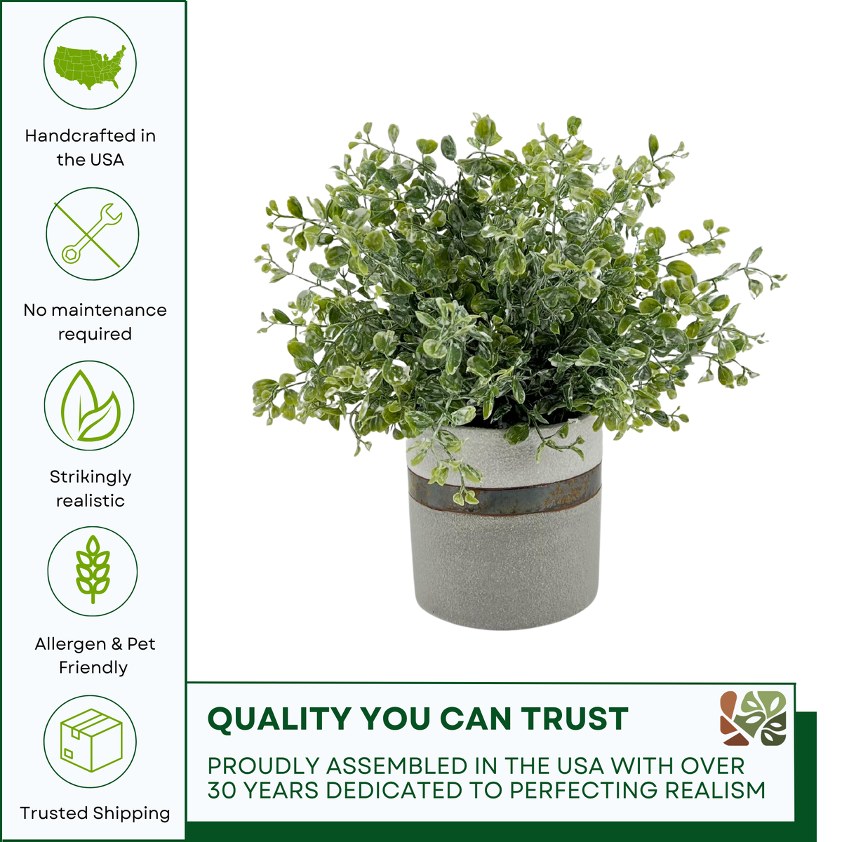 Faux eucalyptus in bronze-banded grey ceramic pot against a white background, featuring quality assurances, by House of Silk Flowers.