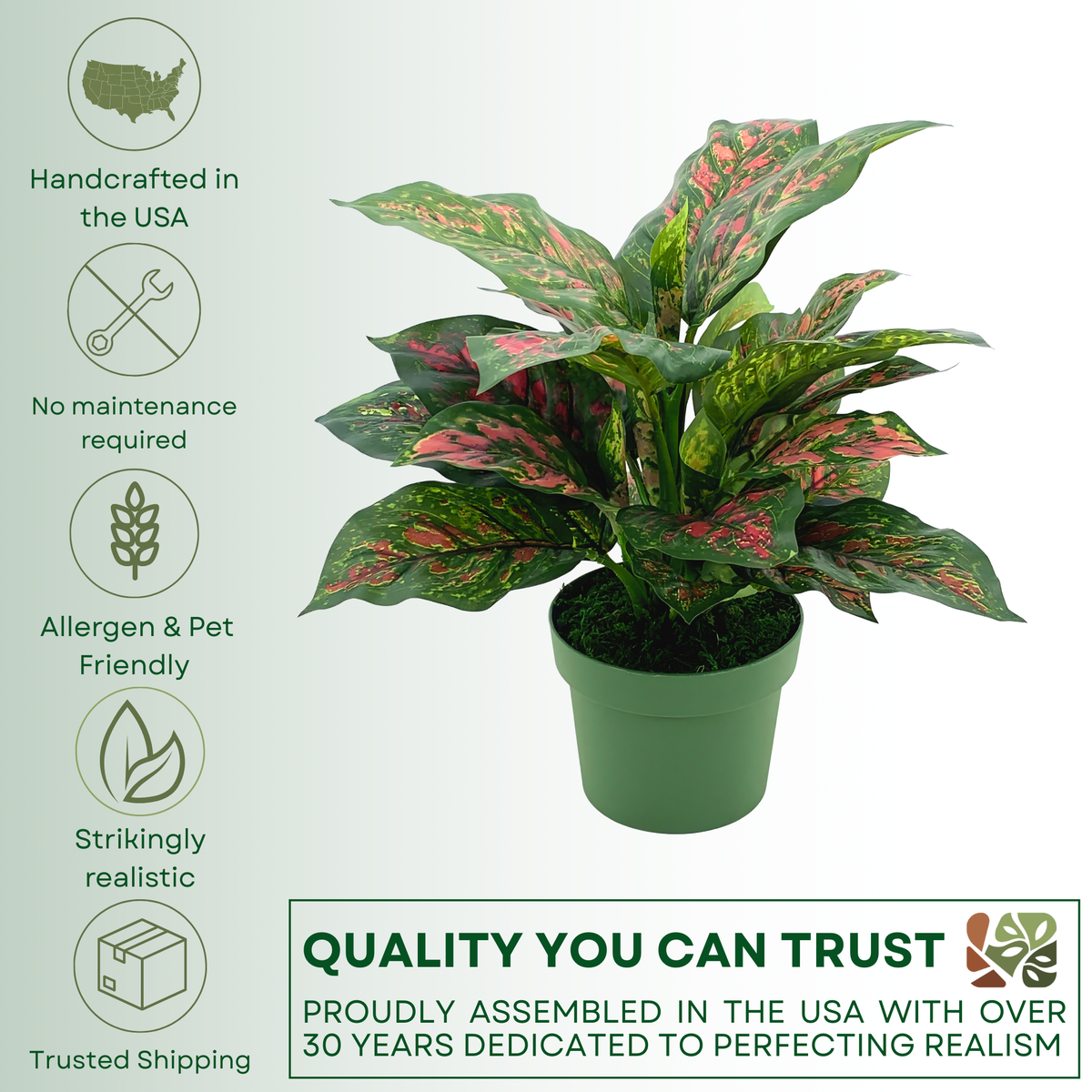 Faux Pink & Green Dieffenbachia in a green nursery pot, featuring quality assurances on a green/white gradient background, by House of Silk Flowers.