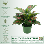 Faux Pink & Green Dieffenbachia in a green nursery pot, featuring quality assurances on a green/white gradient background, by House of Silk Flowers.