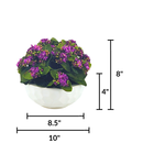 Faux Purple Kalanchoe in Stone White dimpled ceramic bowl, with product measurements on a white background, by House of Silk Flowers.