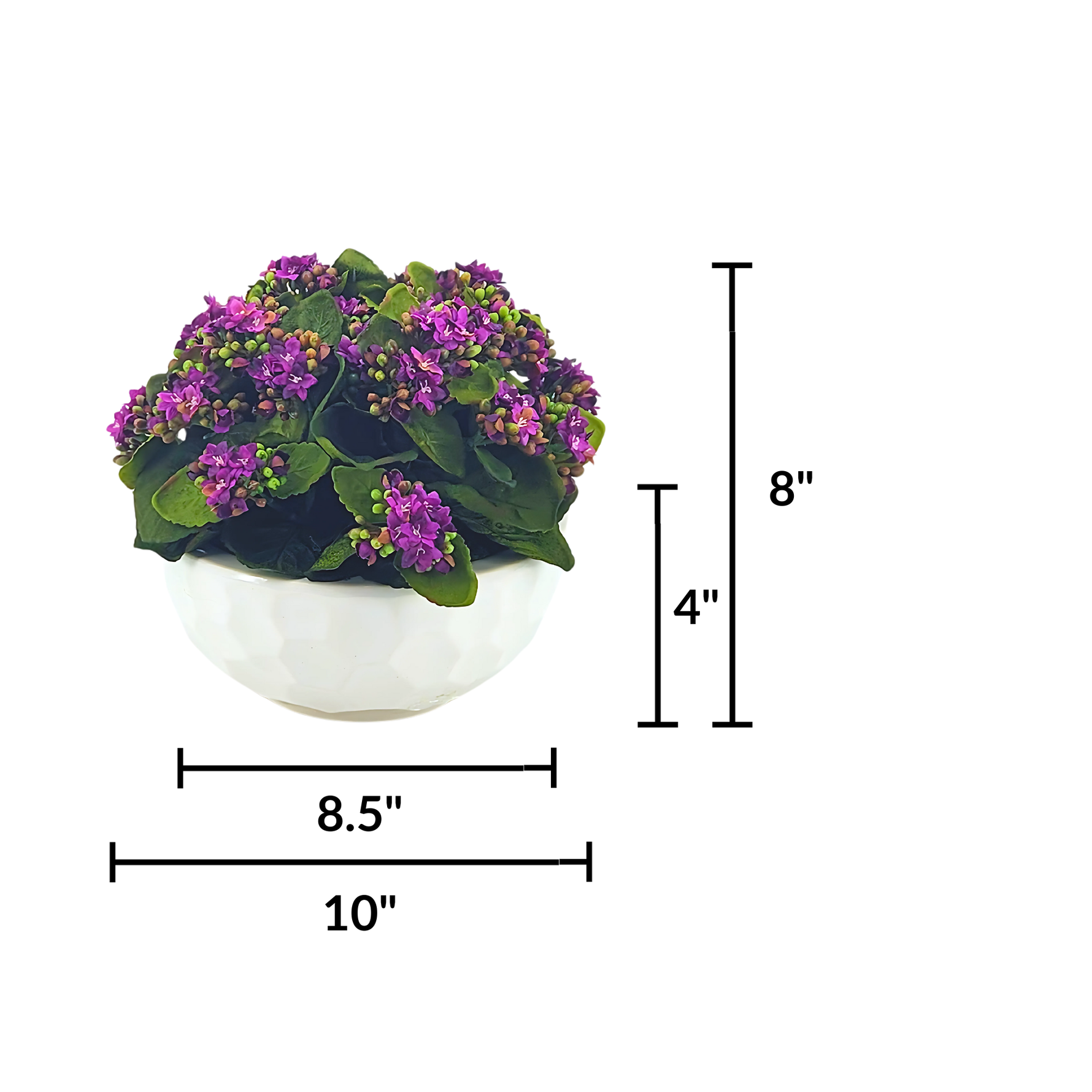 Faux Purple Kalanchoe in Stone White dimpled ceramic bowl, with product measurements on a white background, by House of Silk Flowers.