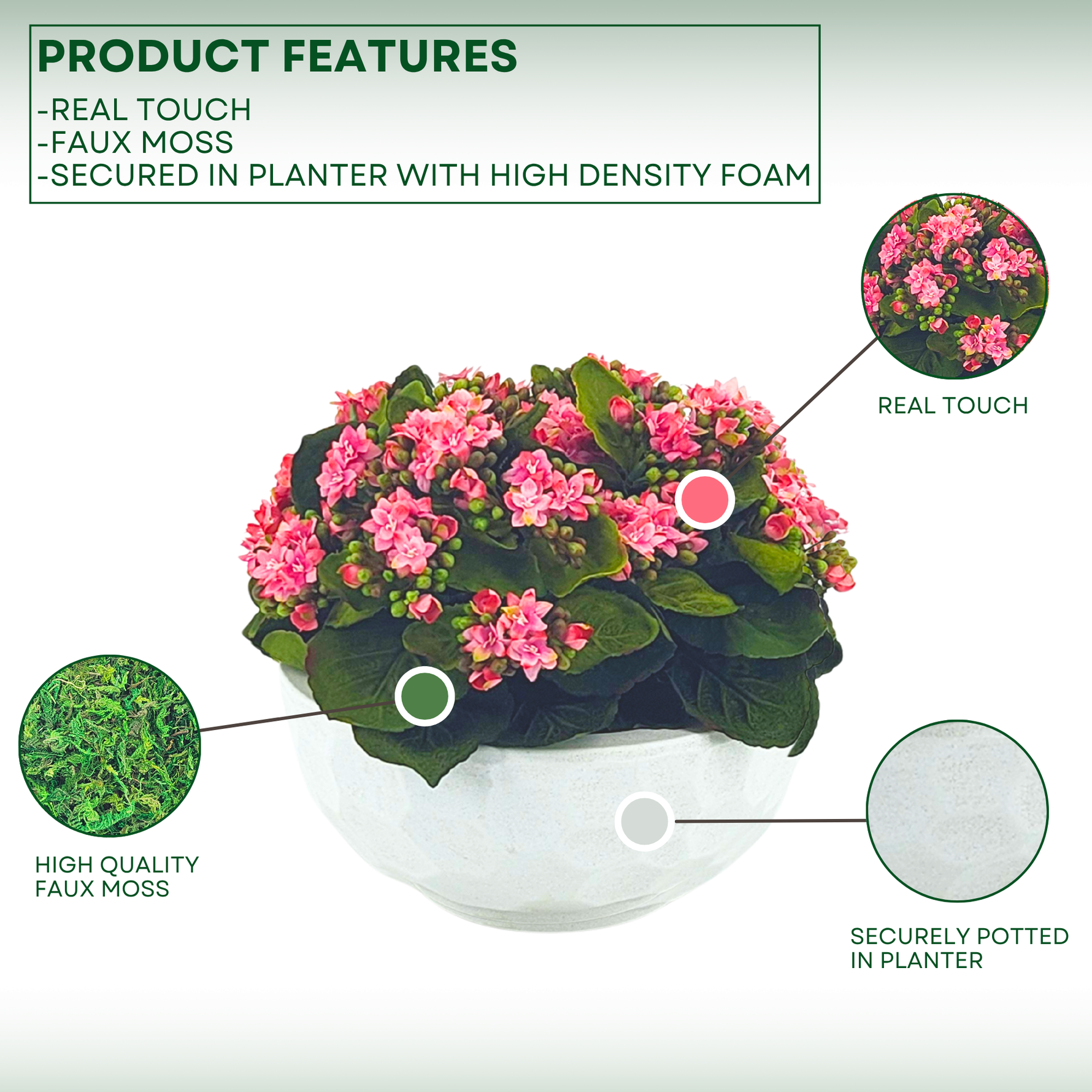 Faux Pink Kalanchoe in Stone White dimpled ceramic bowl, on a white/green gradient background, highlighting product features, by House of Silk Flowers.