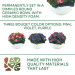 Faux Kalanchoe Bouqets in White dimpled ceramic bowls, on a white background, featuring finish options, by House of Silk Flowers.