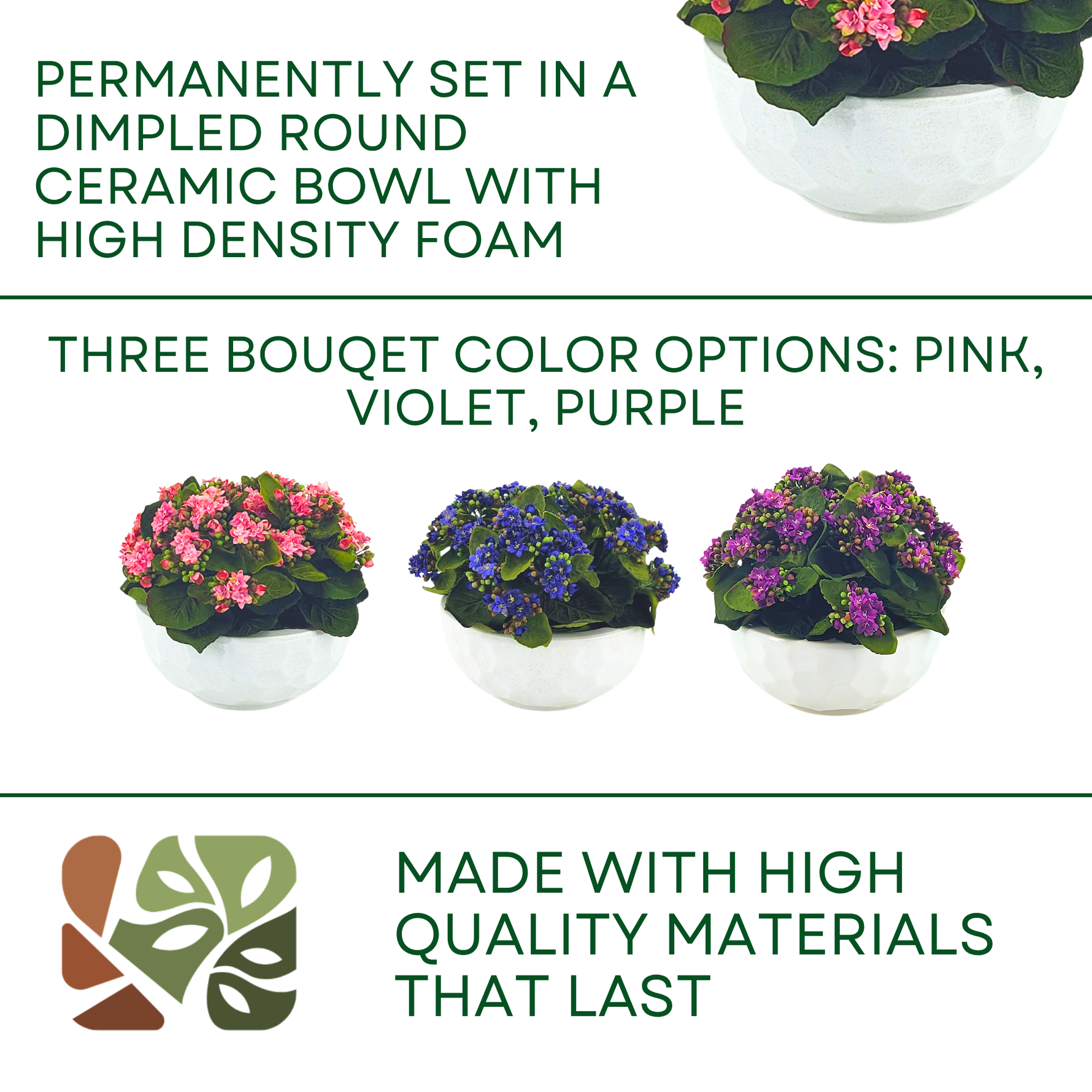 Faux Kalanchoe Bouqets in White dimpled ceramic bowls, on a white background, featuring finish options, by House of Silk Flowers.