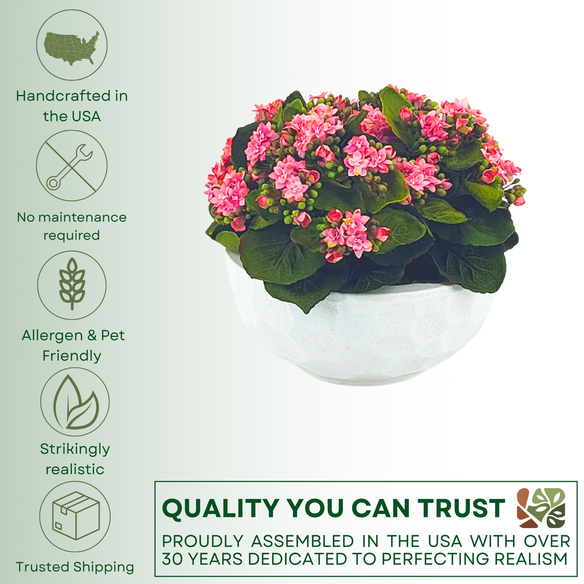 Faux Pink Kalanchoe in Stone White dimpled ceramic bowl, on a white/green gradient background, featuring quality assurances, by House of Silk Flowers.