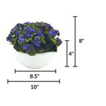 Faux Violet Kalanchoe in Stone White dimpled ceramic bowl, featuring product measurements, on a white background, by House of Silk Flowers.