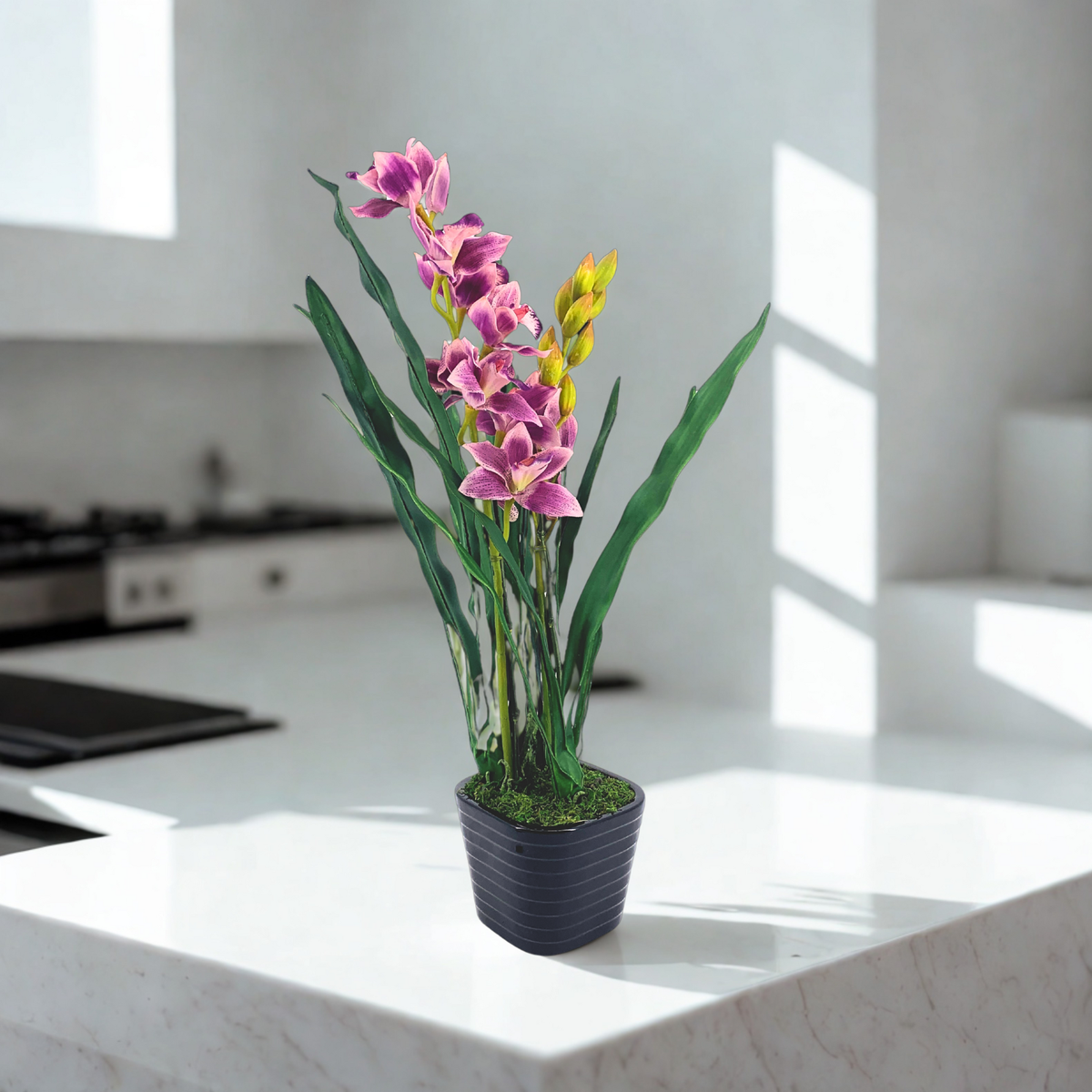 30" Double Cymbidium in Fuschia, sitting on a white marble kitchen countertop, by House of Silk Flowers.