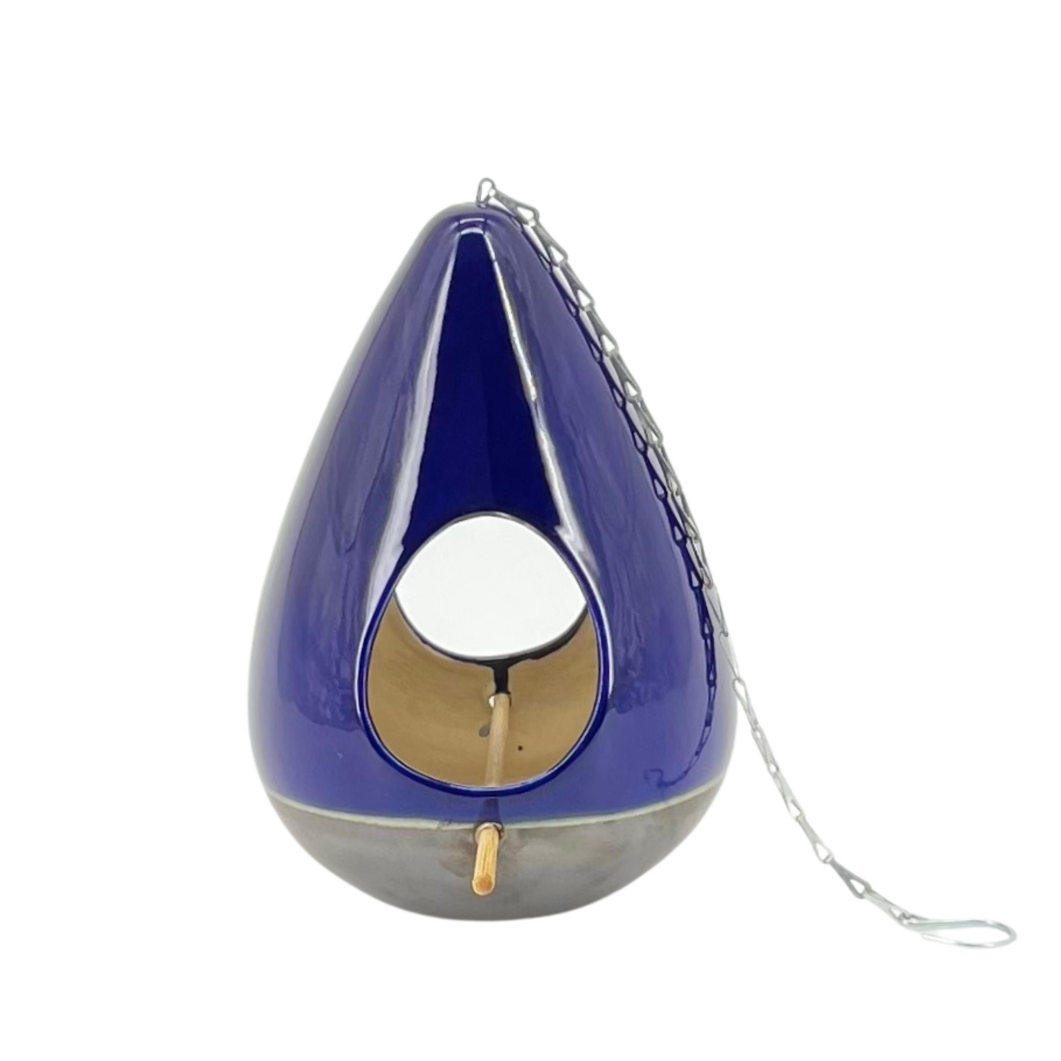 Blue and white teardrop-shaped object on a white background