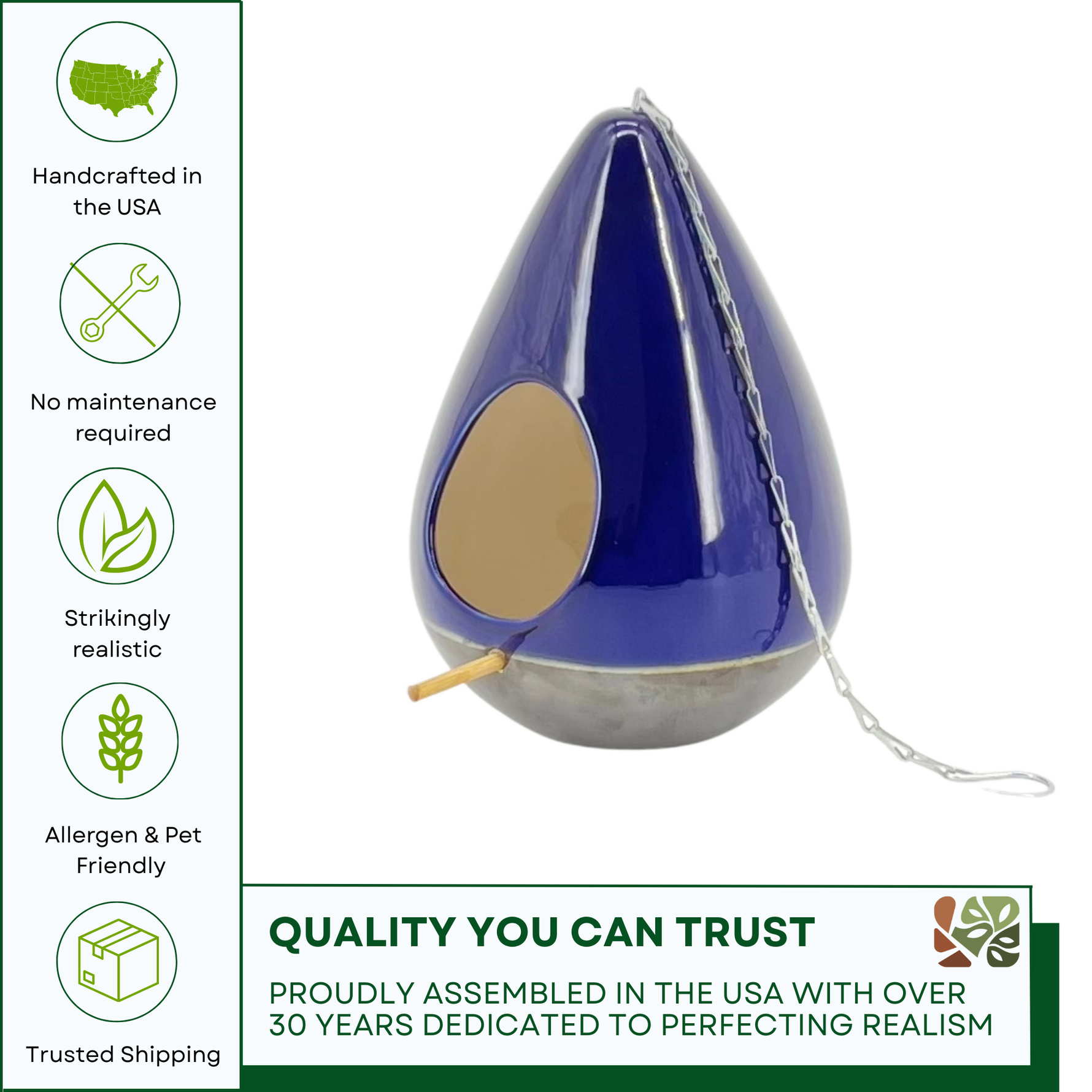 Blue and white teardrop birdhouse with quality promise