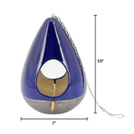 Blue and gold birdhouse with dimensions on a white background