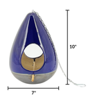 Blue and gray birdhouse with dimensions on a white background
