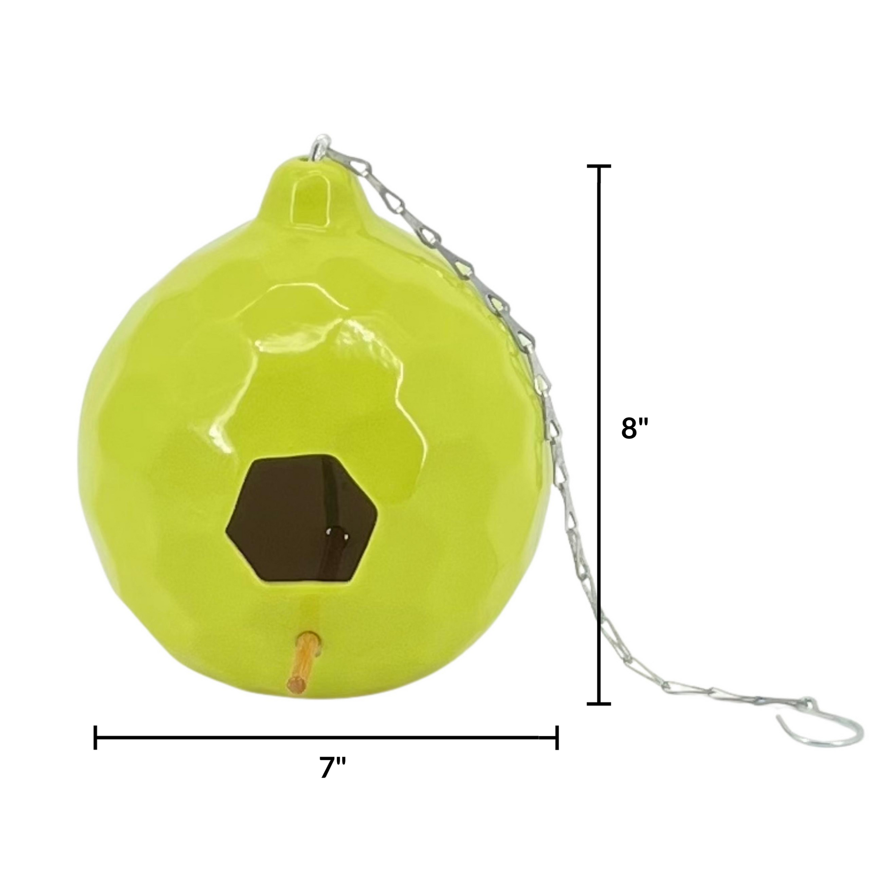 Yellow birdhouse with chain, dimensions labeled on a white background