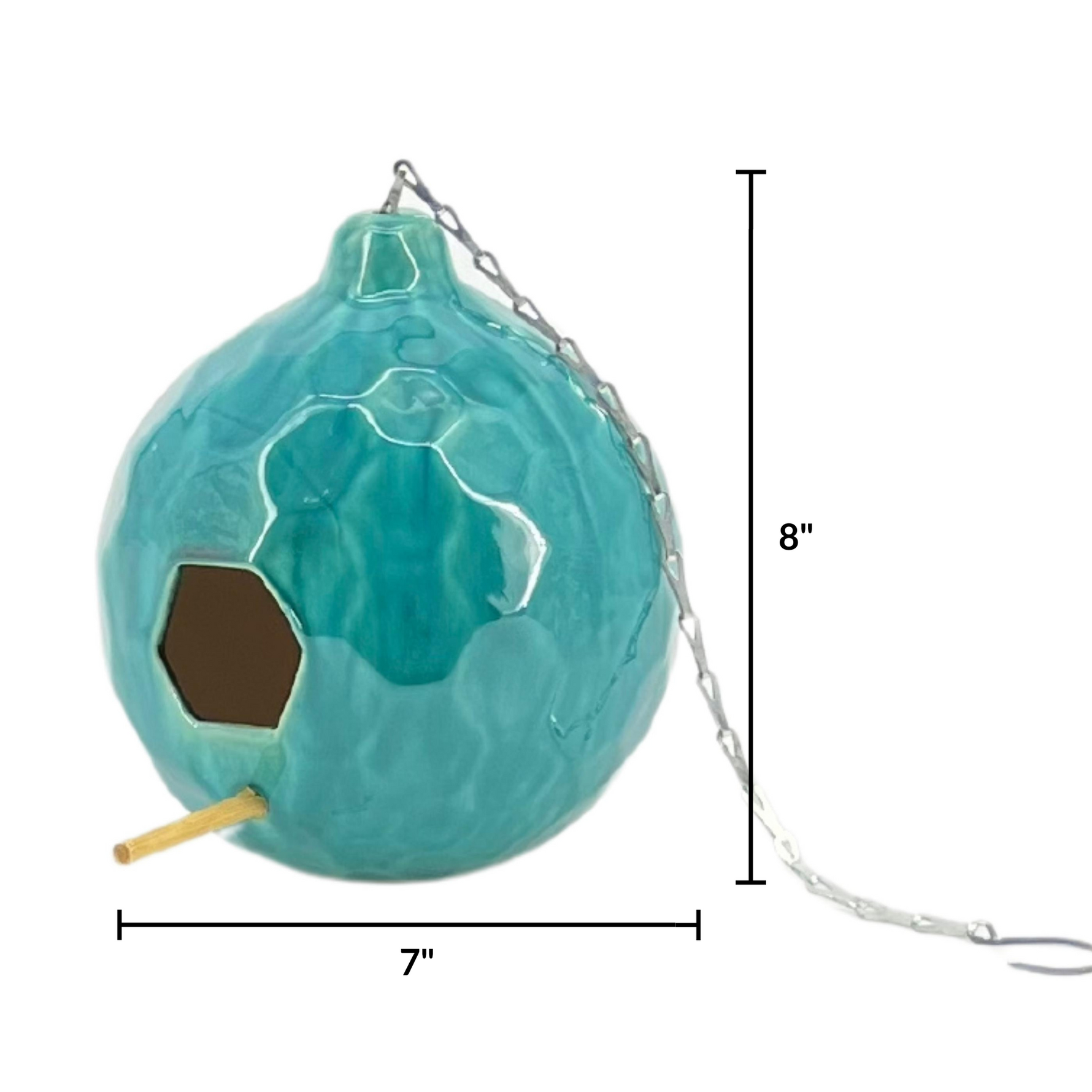 Turquoise birdhouse with chain and measurements on a white background