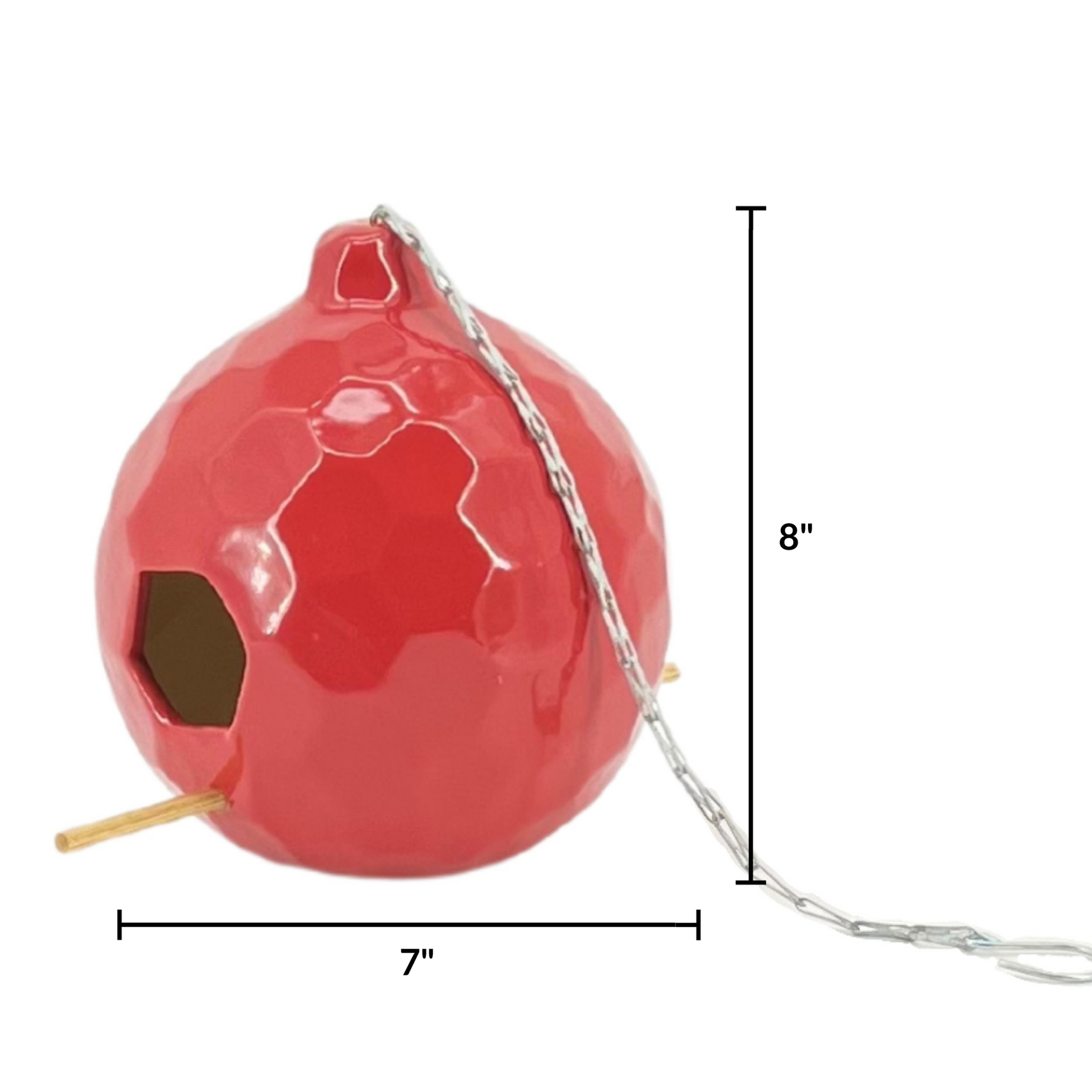 Red birdhouse with a chain, dimensions labeled on a white background