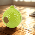 Green textured birdhouse with a metal chain on a wooden surface