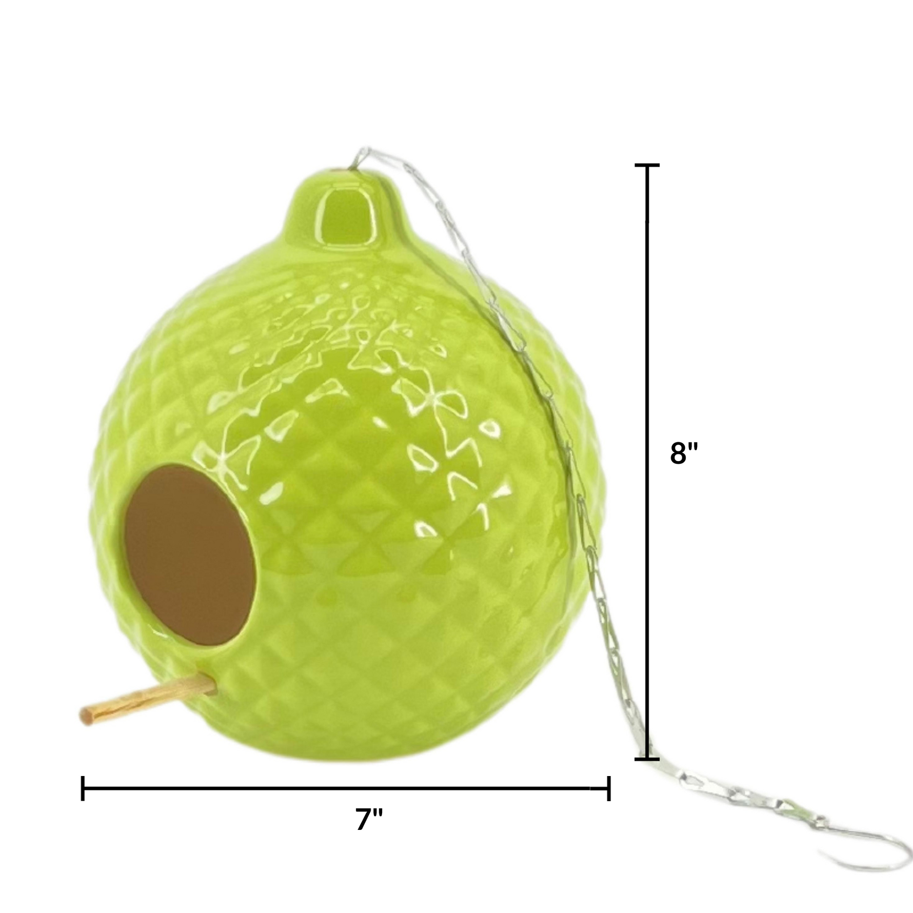 Green textured birdhouse with dimensions on a white background