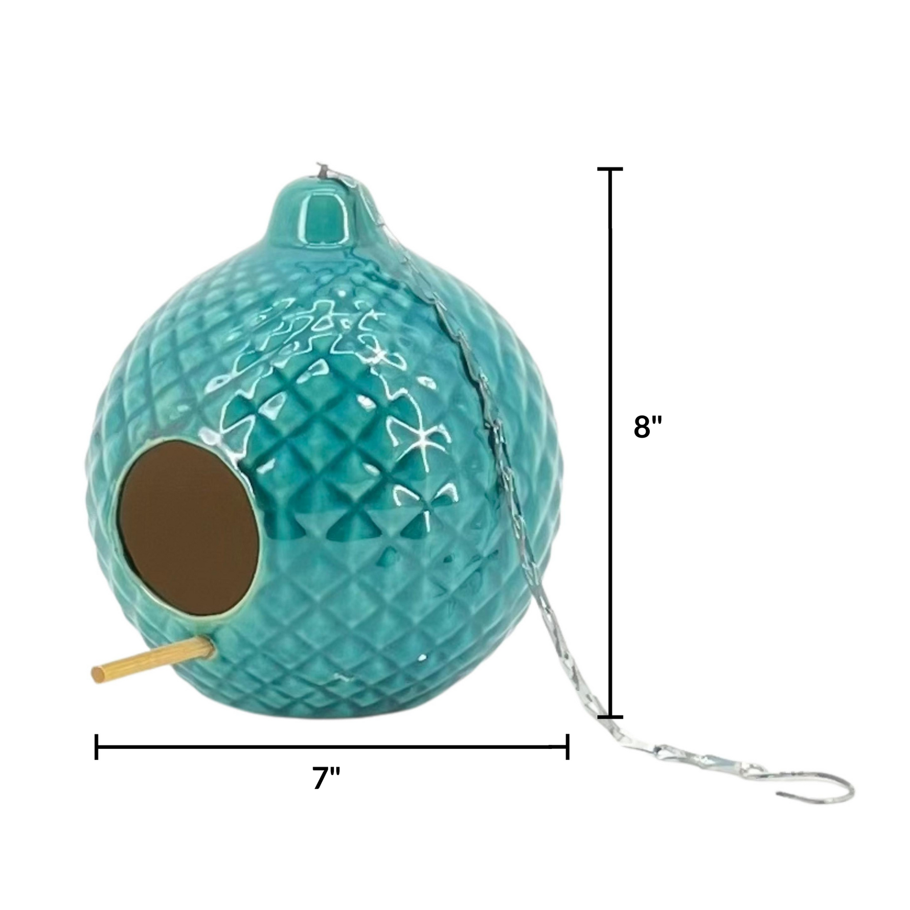 Teal textured birdhouse with a metal chain and measurements on a white background