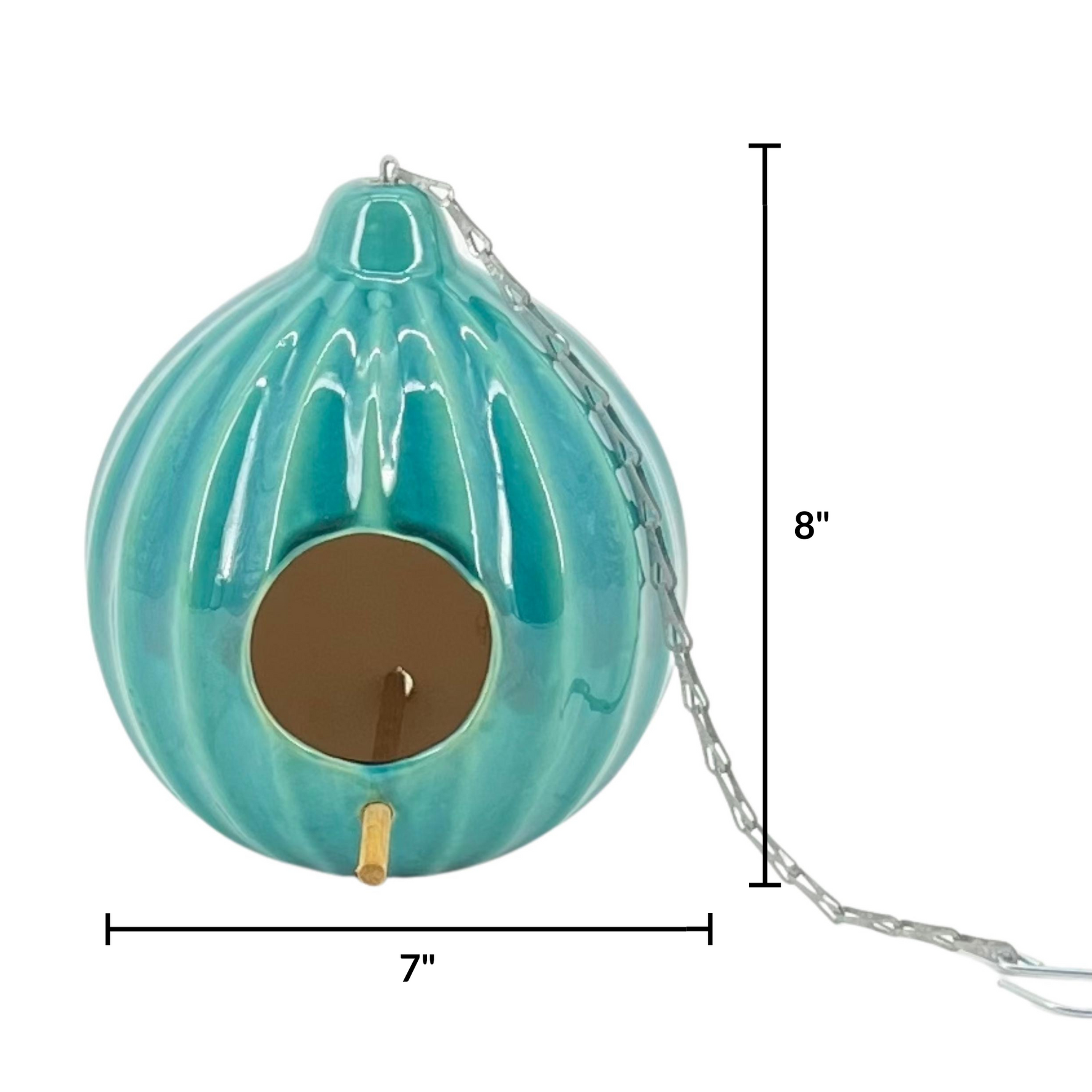 Turquoise bird feeder with chain and measurements on a white background