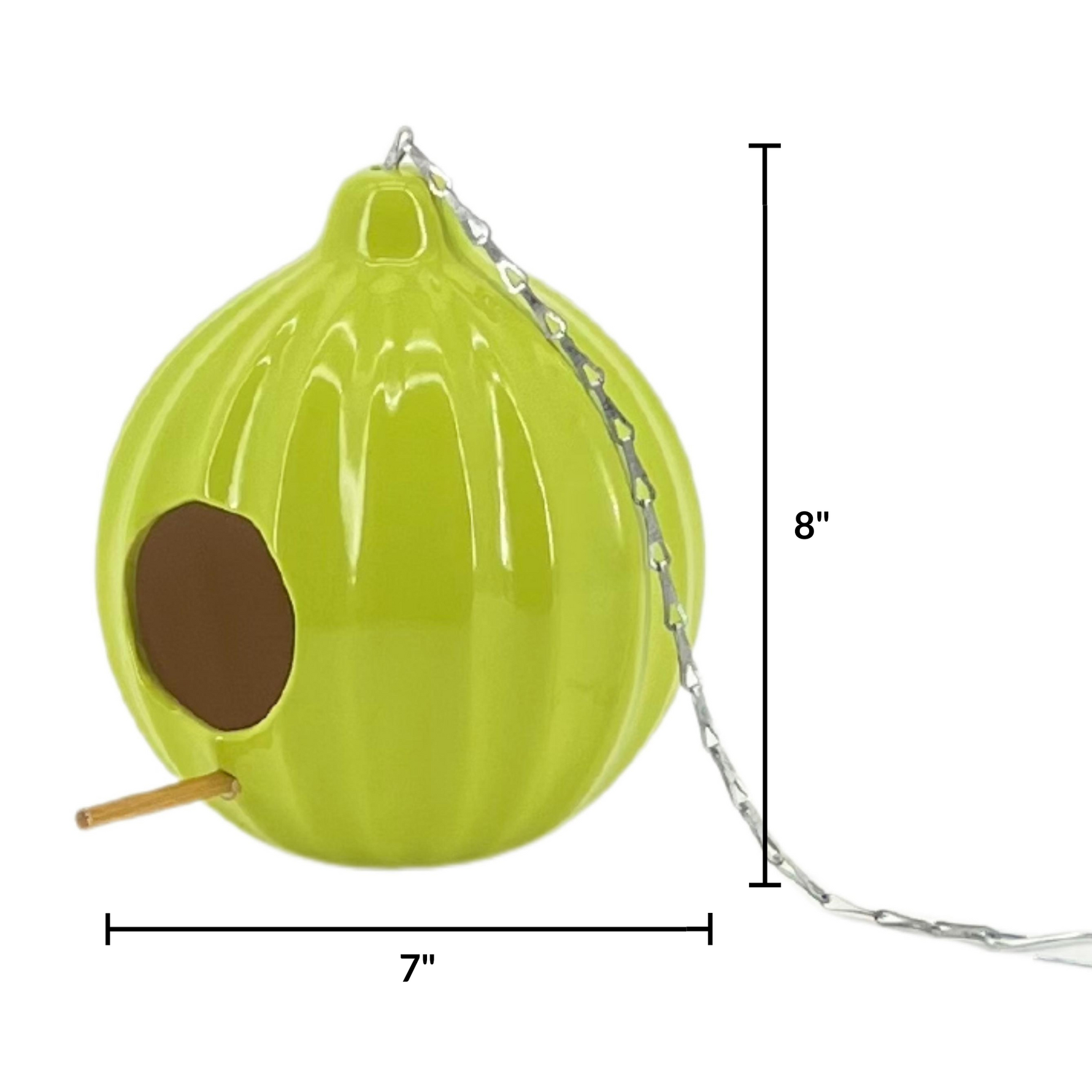 Green birdhouse shaped like an avocado with dimensions on a white background