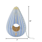 Reactive blue Teardrop-shaped bird nest with measurements on a white background