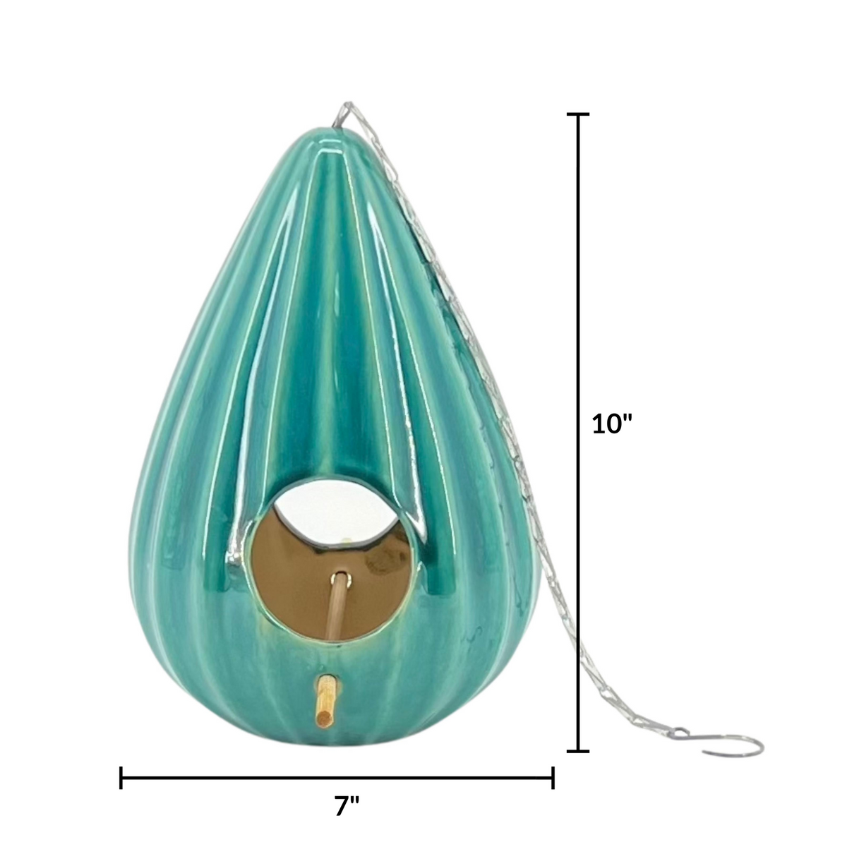Emerald birdhouse with dimensions labeled on a white background