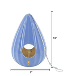 Periwinkle blue birdhouse with chain and measurements on a white background
