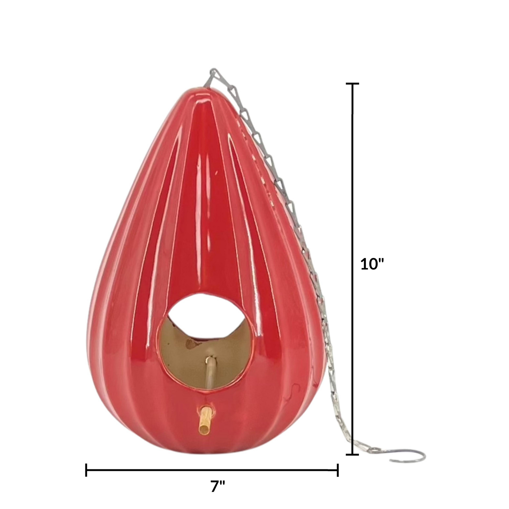 Red bird feeder with gold center and chain, shown with measurements on a white background