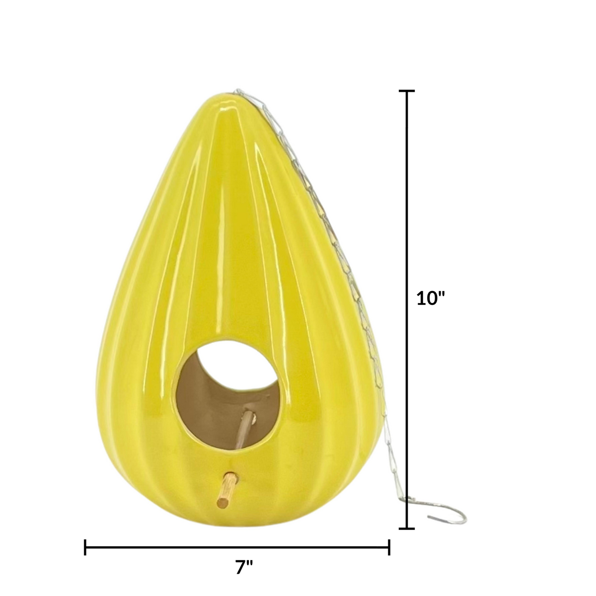 Yellow teardrop-shaped birdhouse with dimensions on a white background