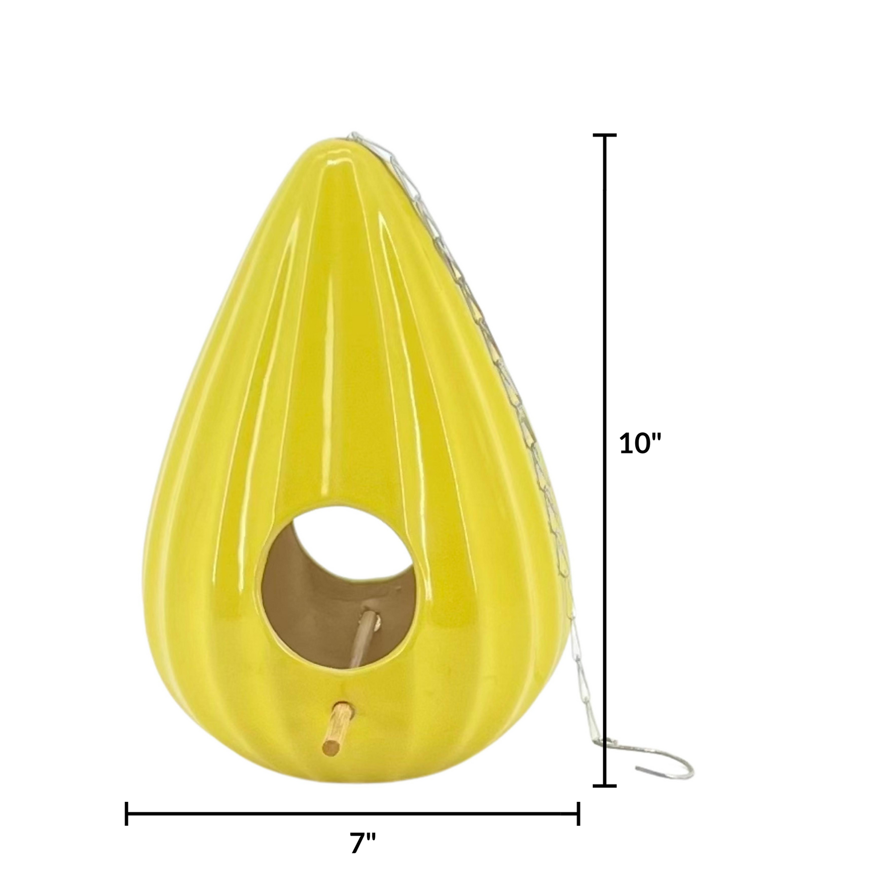 Yellow teardrop-shaped birdhouse with dimensions on a white background