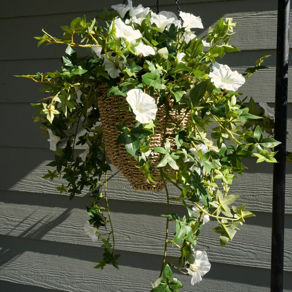 31" Faux Morning Glory White in Seagrass Hanging Basket