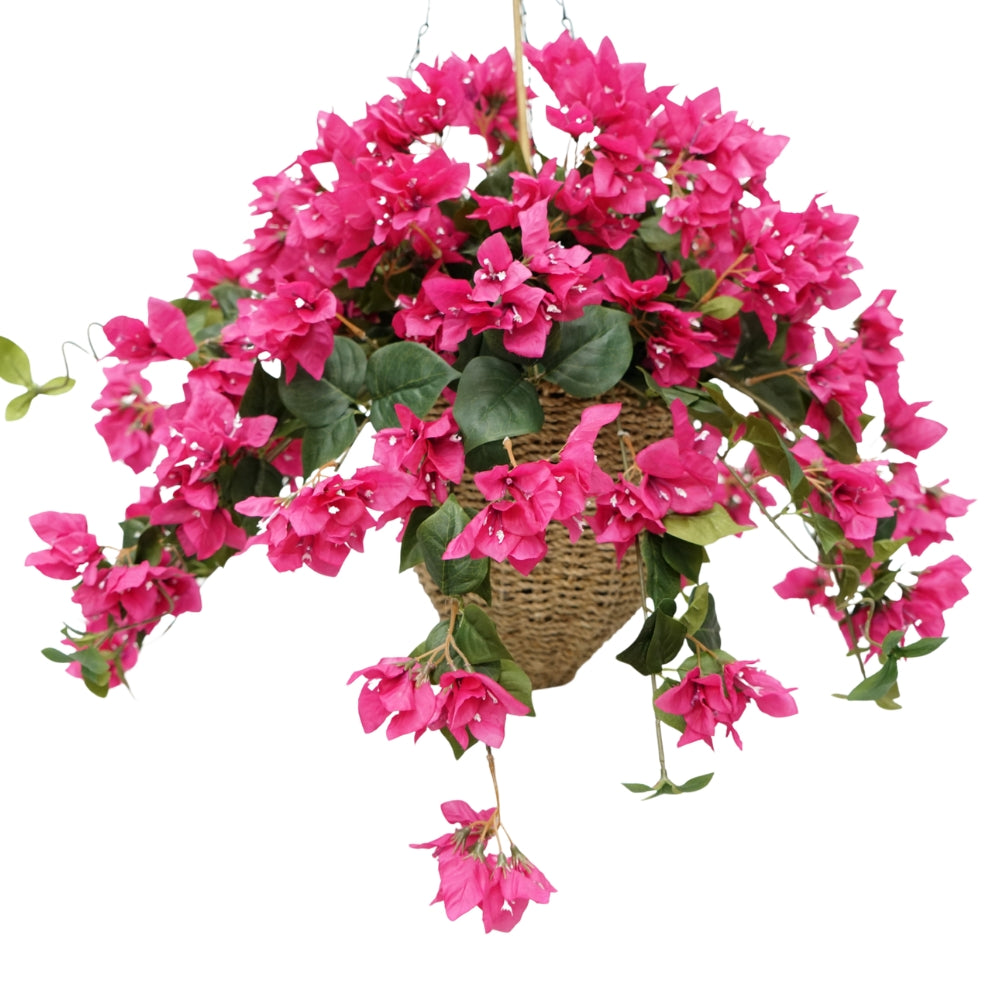 31" Fucshia Faux Bougainvillea in Seagrass Hanging Basket