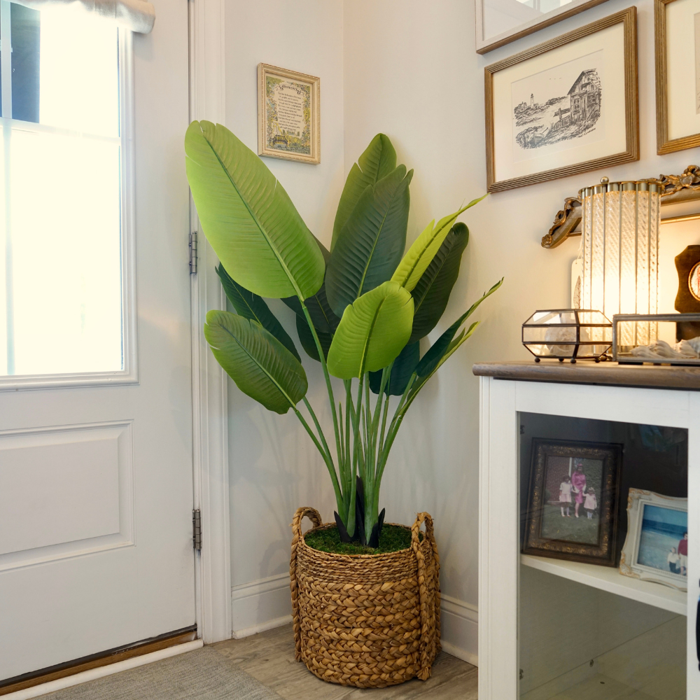 Faux Travelers Palm in a Natural Woven Basket