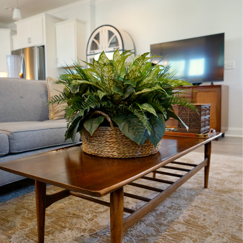 19" Mixed Faux Greenery Arrangement in a Natural Seagrass Bowl Basket