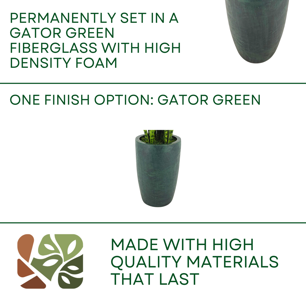 Faux variegated snake plant in gator green planter against a white background, featuring product options, by House of Silk Flowers.