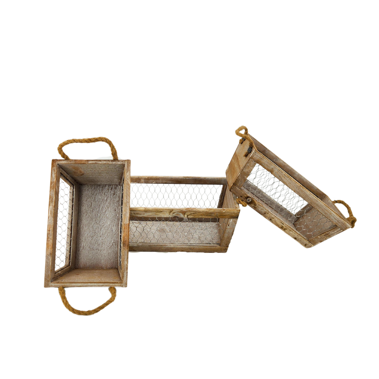 Rustic Rectangular Wooden Planters – Set of 3, Large, Medium & Small with Rope Handles