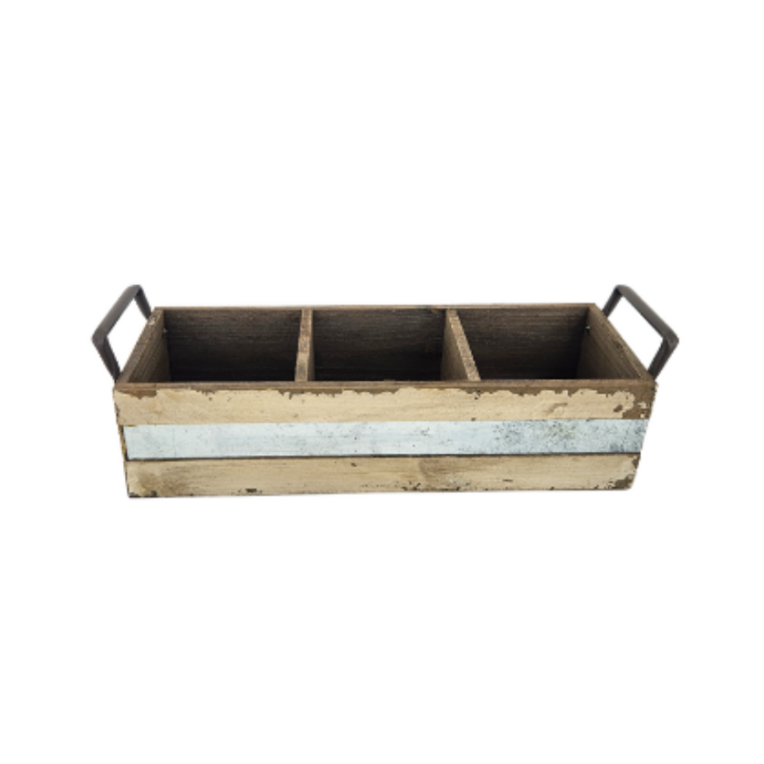Rustic Rectangular Wood Planter, with Metal Strip – 13.5” with Handles